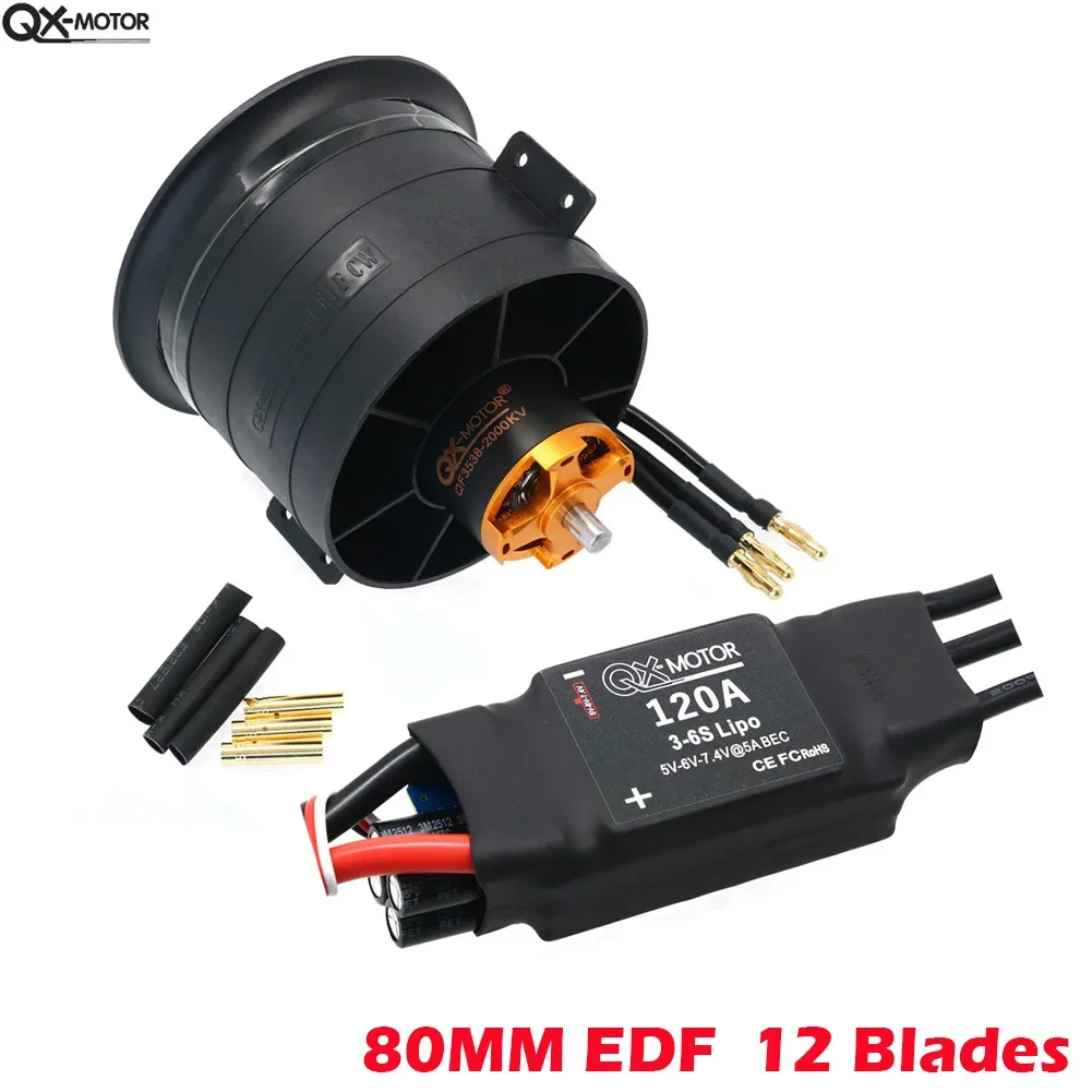 SkyDElQX-MOTOR 80mm EDF 12 Blades Ducted Fan With 3538 RC Brushless Motor KV2200 Thrust 120A ESC For 6S Jet Airplane Aircraft