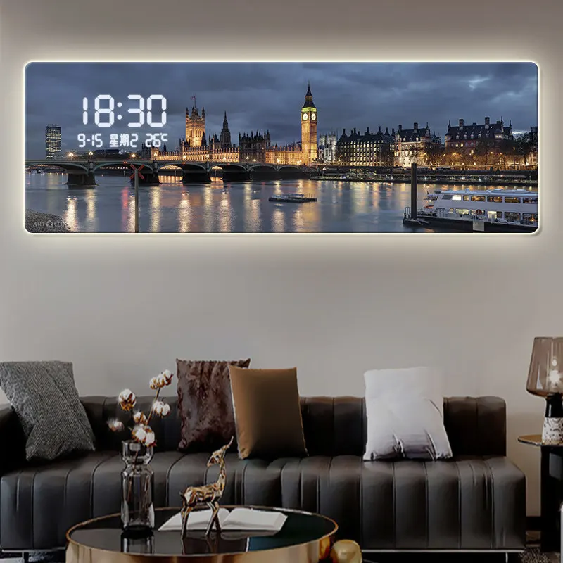 City night view decorative painting living room sofa background wall clock digital display horloges murales home furniture