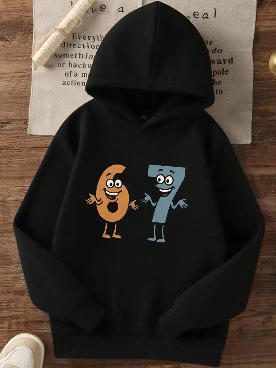 

Unisex Kids Black Hoodie with Cartoon Number Print, Loose Fit Casual Sweatshirt