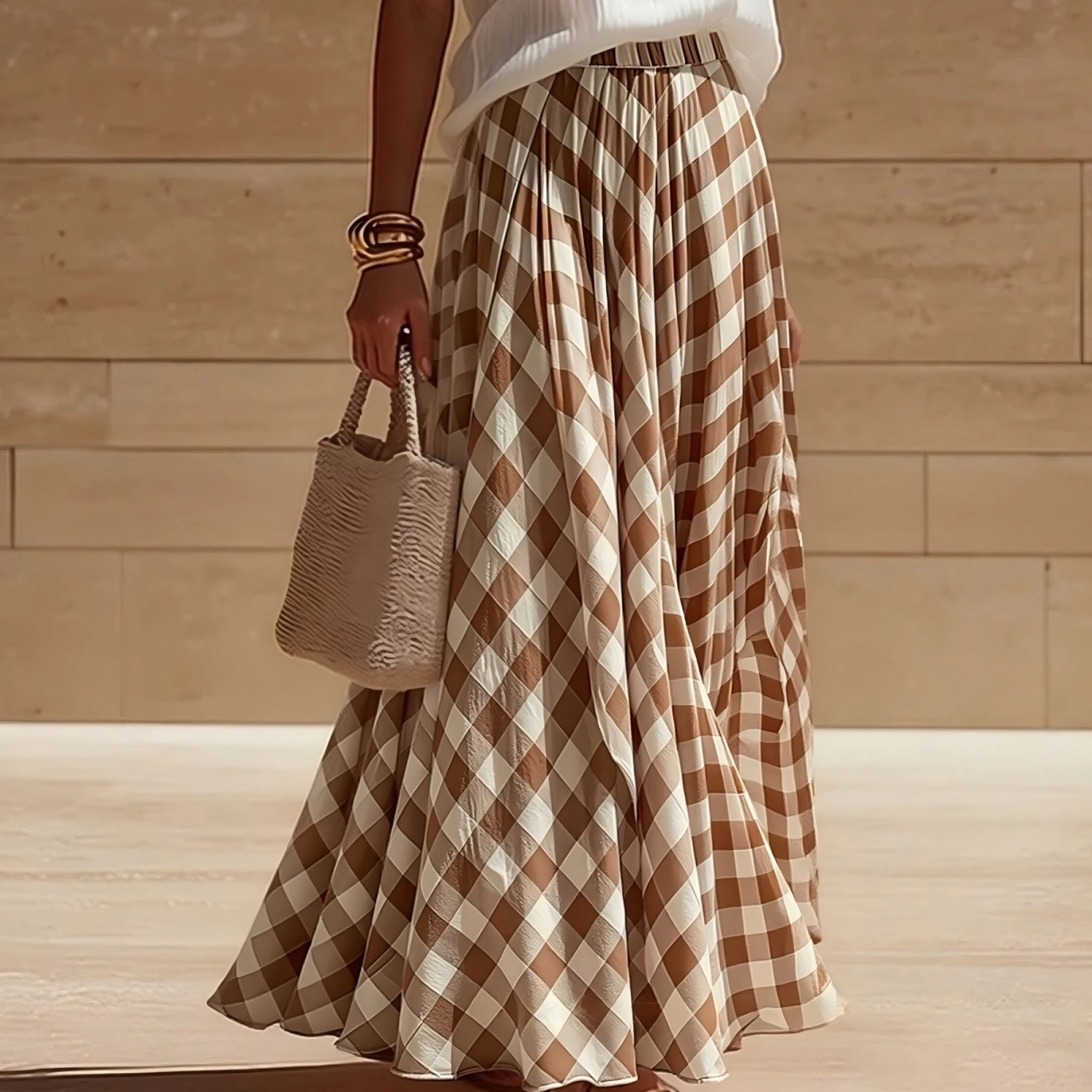 Women Summer Plaid Long Skirts Retro Plaid Print Elastic Waist Flowy A-Line Beach Skirt Fashion High Streetwear