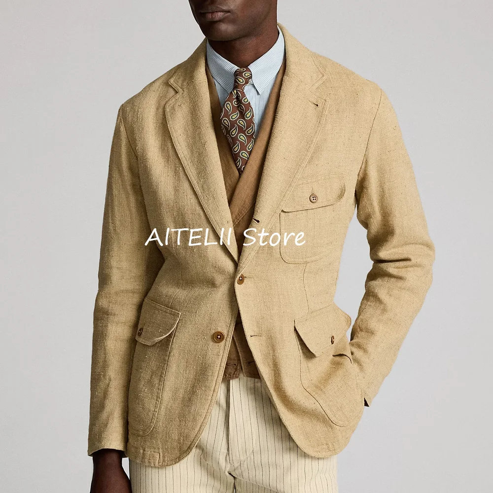 

Men's Jacket Fashion Suit Single-breasted Clothes Herringbone Fabric Casual Suits Three Pockets Elegant Sack of Man Blazers