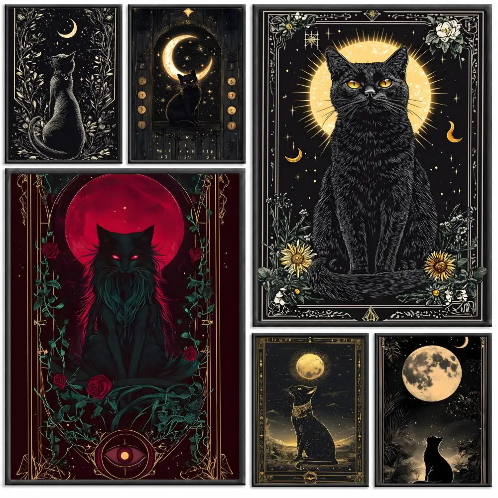 C-Cat Pictures Under The Full Moon Cute art Poster Modern PP Paper Wall Decorative for Cafe Office Bar Home Wall Decor Gift