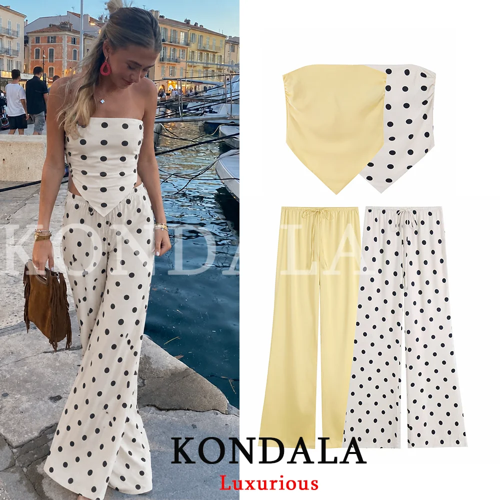 

KONDALA Sexy Chic Women Dot Suit Backless Tube Tops Lace-up Short Vest Loose Long Pants Fashion 2026 Summer Beach Holiday Sets
