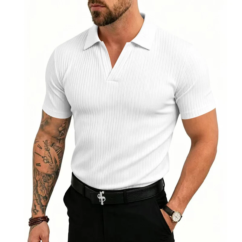 Herren 1-teiliges Gestricktes V-Ausschnitt Kurzarm Slim-Fit Atmungsaktives Eisseide Schnelltrocknendes Golf Business Casual Poloshirt – Detail 3