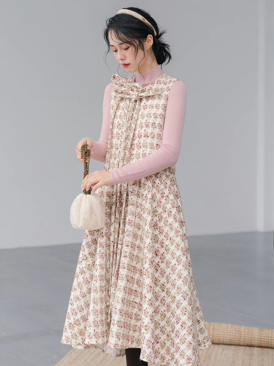 

Длинная твидовая юбка А-силуэта Bluwhite Double Knot с высокой талией, на молнии, без рукавов, для повседневной носки