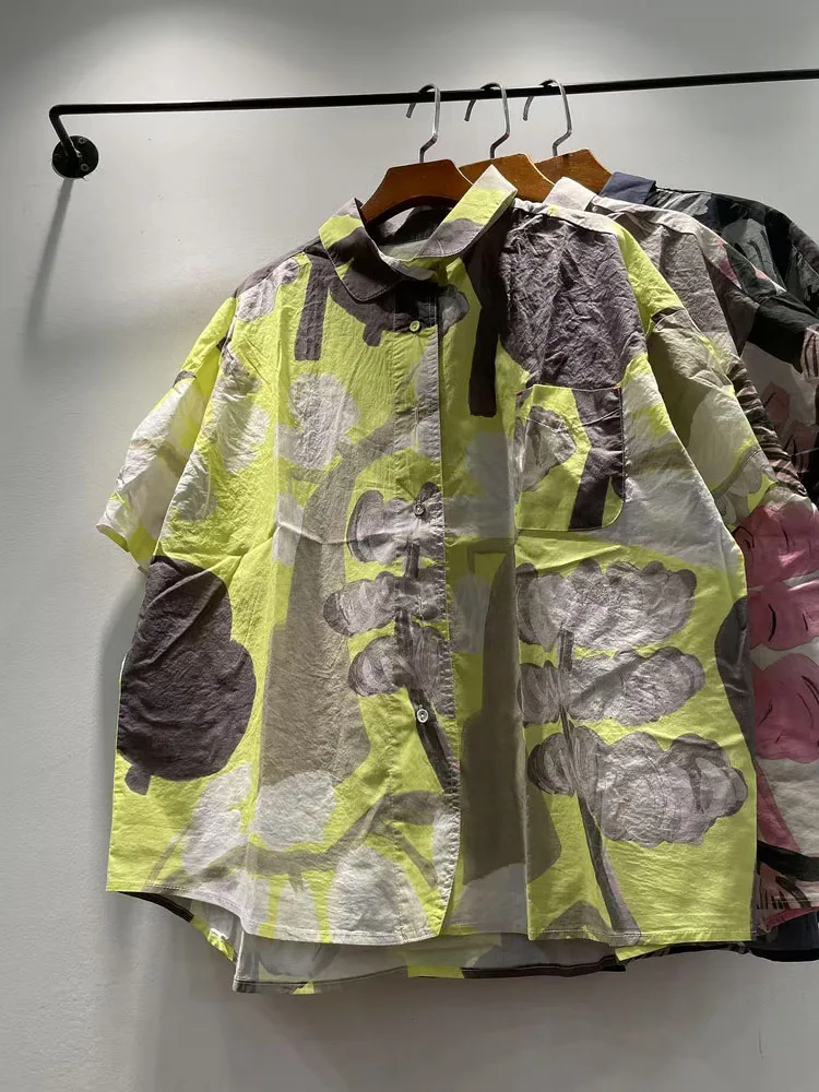 

Summer 2025 Women's Loose Cotton Printed Short Sleeve Shirt Korean Style Fashionable Casual Comfortable Pure Cotton Blouse