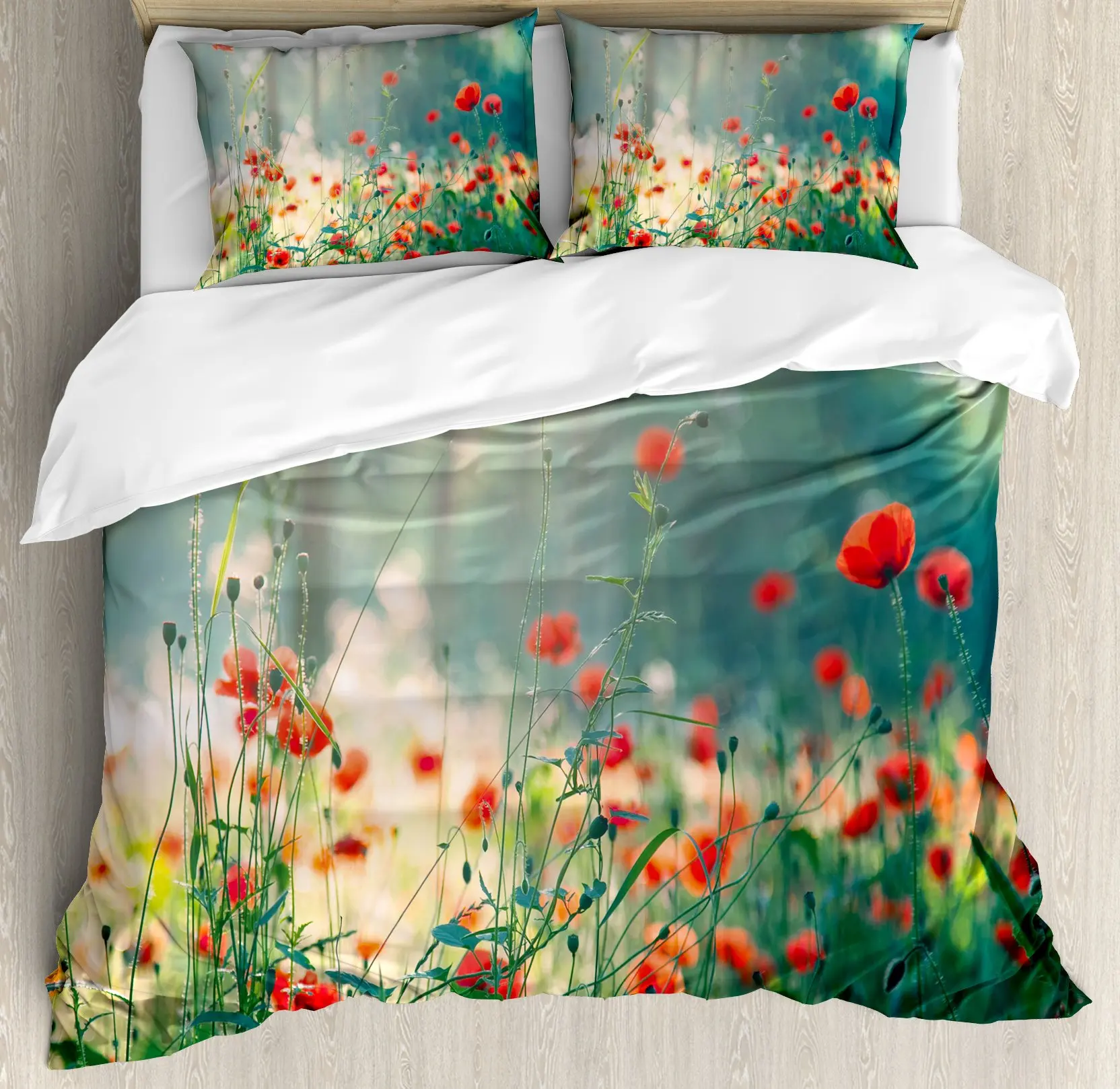 Floral Duvet Cover Set, Poppies of Spring Season Decor 3 Piece Bedding Set with 2 Pillow Shams, King Queen Full Size Home Decor