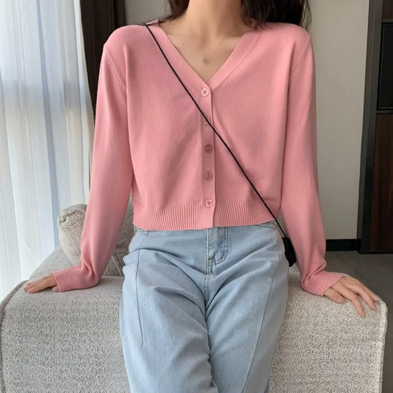 Women\'s Knit Cardigan Short Style V-neck Long Sleeve Thin Jacket Summer Sun-Proof Shirt All-Match Solid Color Casual Outfits