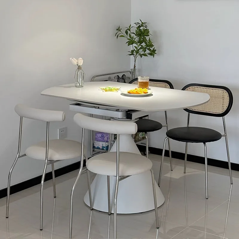 Pure white rock slab dining table chair rotating telescopic folding waltz square rounded dual-purpose dining table