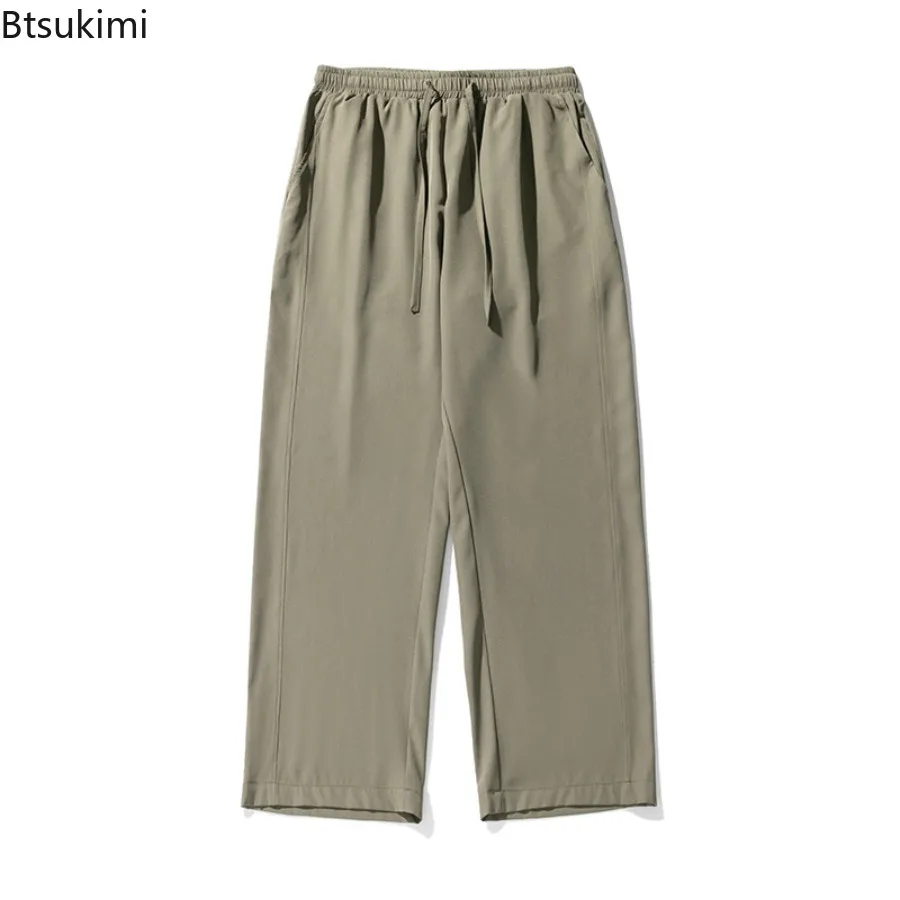 2025 New Summer Ice Silk Casual Pants Men Lightweight and Breathable Fashionmiddle Waist Slacks Straight Loose Drape Trousers