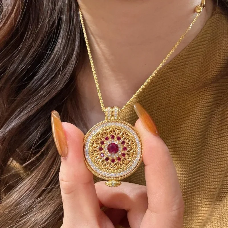 Completo de diamante estilo tribunal rubi vintage novo em oco rosa flor colar redondo requintado colar corrente jóias de casamento