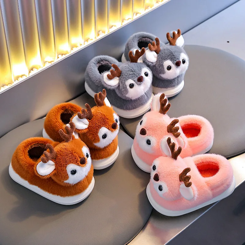 Kids'Casual Shoes Solid Color Plush Cartoon Winter Flat Shoes For Children Anti-slip Home Slipper Grey Pink Shoes Size 24-41