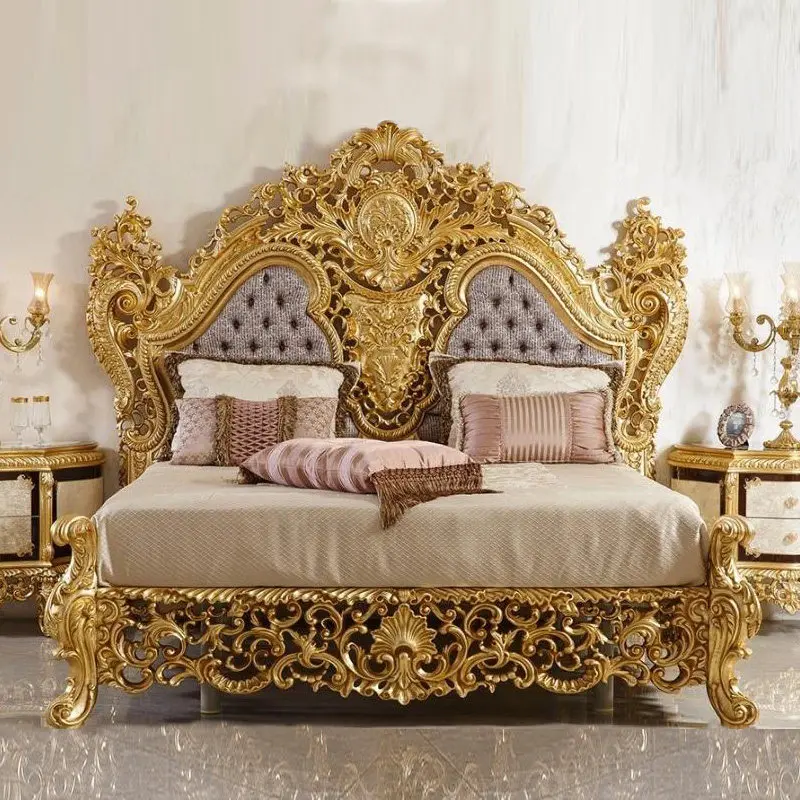 Villa bedroom combination furniture, solid wood carving flower fabric double wedding bed, master bedroom 1.8 meters bed