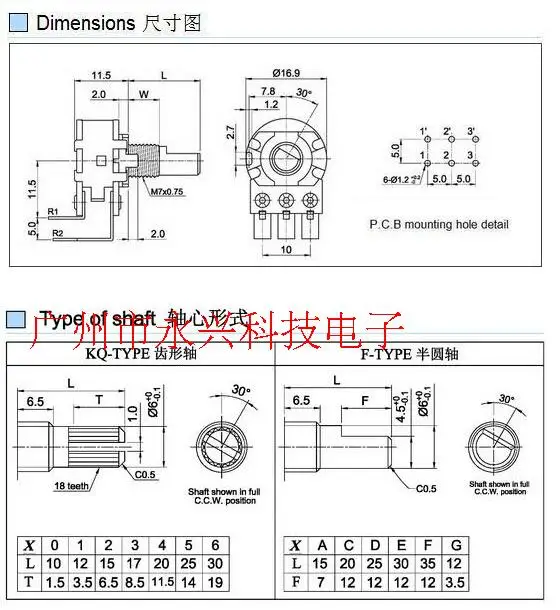 5PCS 16 Type B10K 148 Type Double Link Bent Foot Power Amplifier Volume Potentiometer 15MM Handle With stepPing 6 Feet