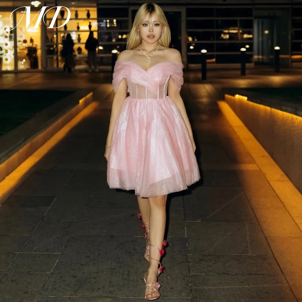 

MD New Pink A-line Short Evening Gown Shiny Tulle Off Shoulder Pleat Cocktail Prom Gown Birthday party dresses Customized 2025