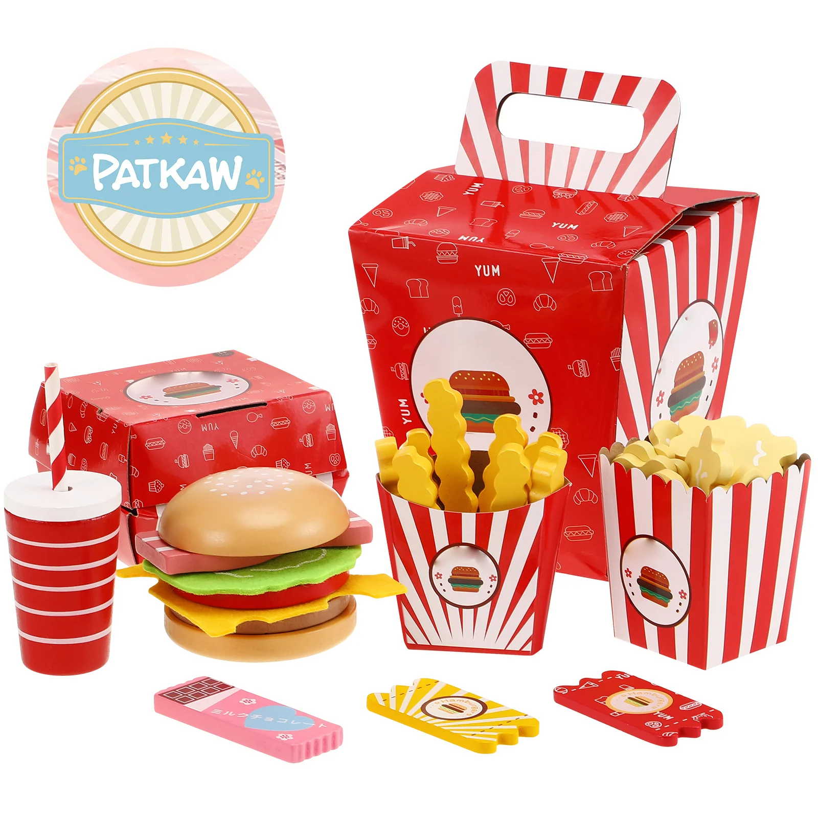 

Wooden Fast Food Playset for Toddlers Pretend Play Burger Fries Kitchen Toys Kids Role Play Restaurant Set Play Food Accessories