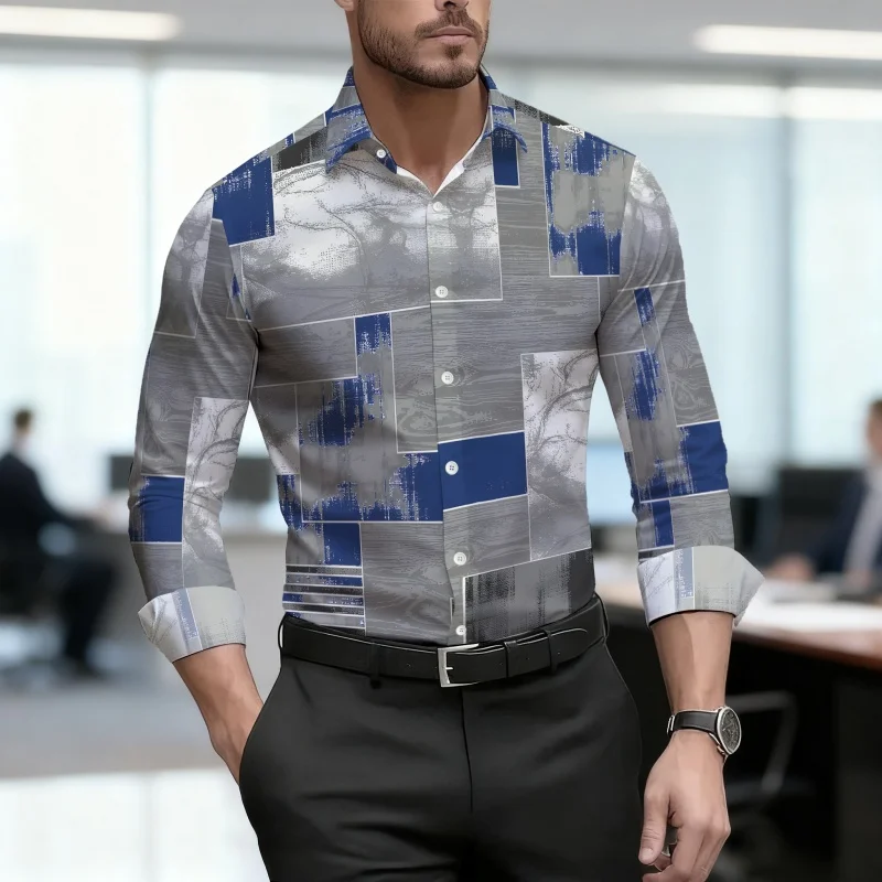 Men's shirt retro fashion printed shirt slim fit business commuting long sleeved shirt spring and autumn trendy casual men's top
