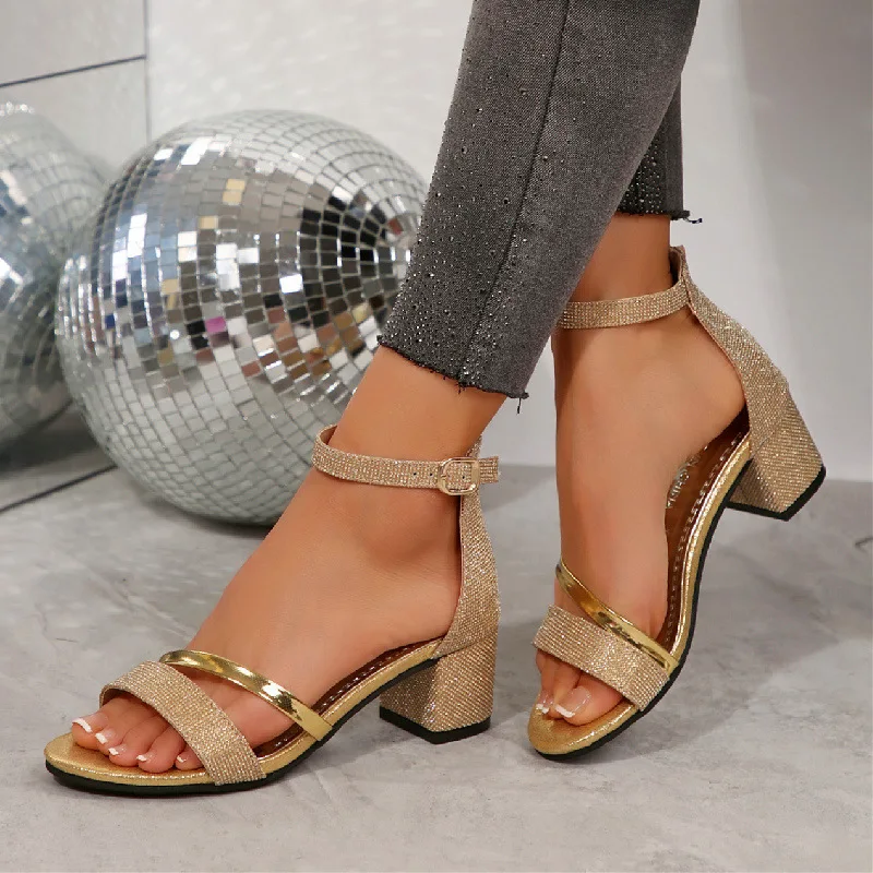 

Large Size High Heels Sandals Summer Fashion Square Heel Buckle Strap Rhinestone Pumps Elegant Casual Outdoor Wedding Shoe Women