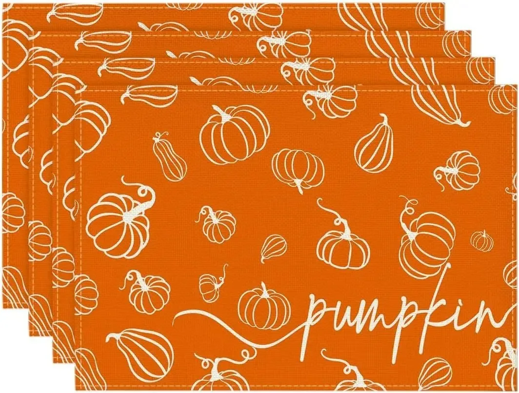 Linen Fall Table Placemats with Pumpkin and Leaf Patterns Happy Fall Design Decorative Mats for Autumn Kitchen and Dining Table