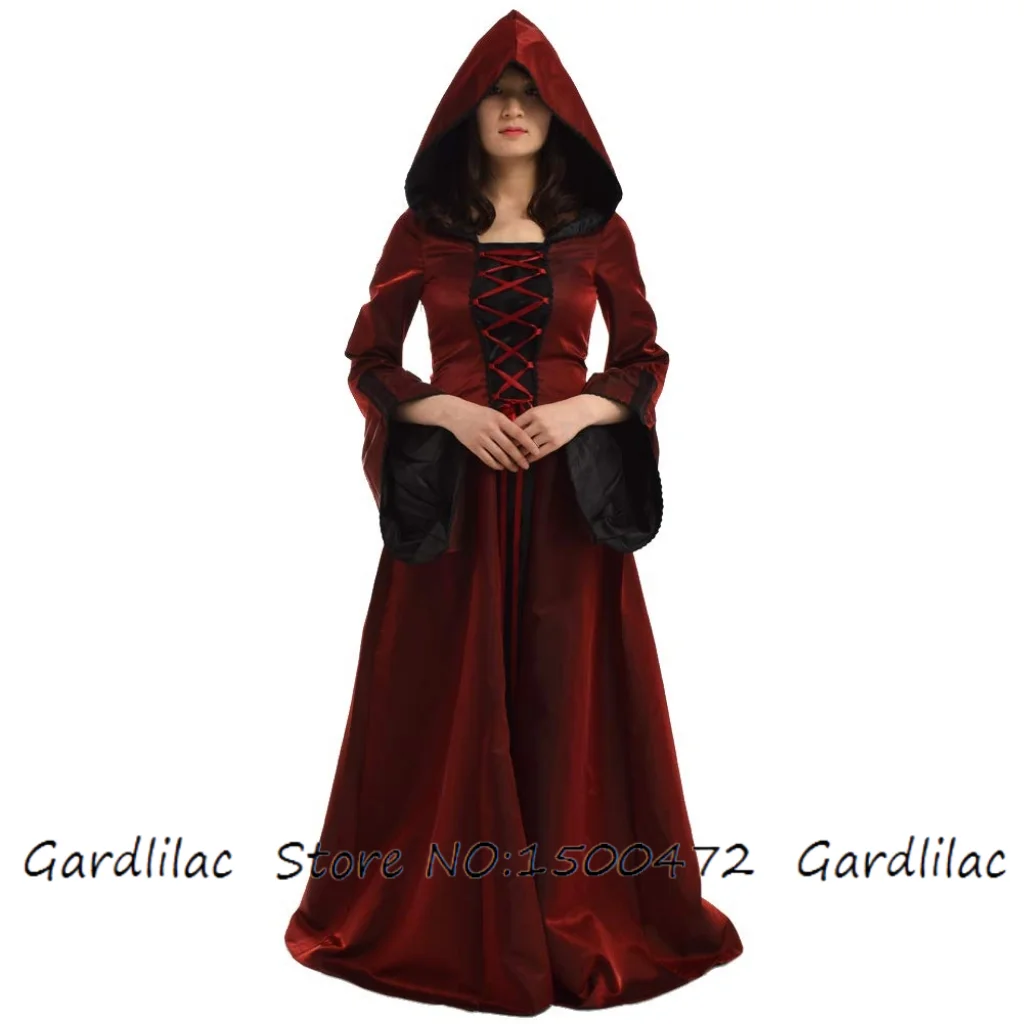 فستان نسائي طويل على الطراز القوطي الساحرة برباط علوي فستان بقلنسوة عتيق زي الهالوين التنكري بقلنسوة #1