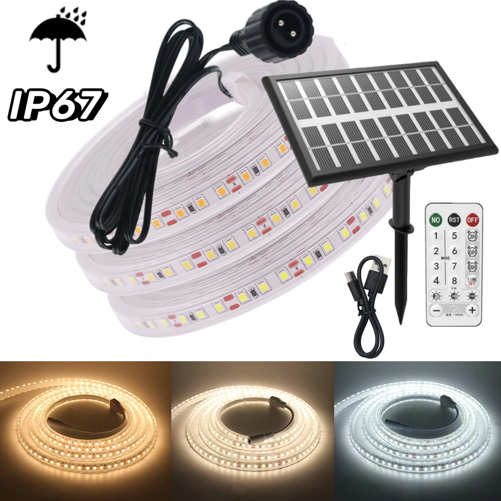 Solar Powered LED Strip IP67 Waterproof DC12V 24V 2835 120Leds/M Remote Control Dimmable Flexible LED Light for Outdoor Lighting