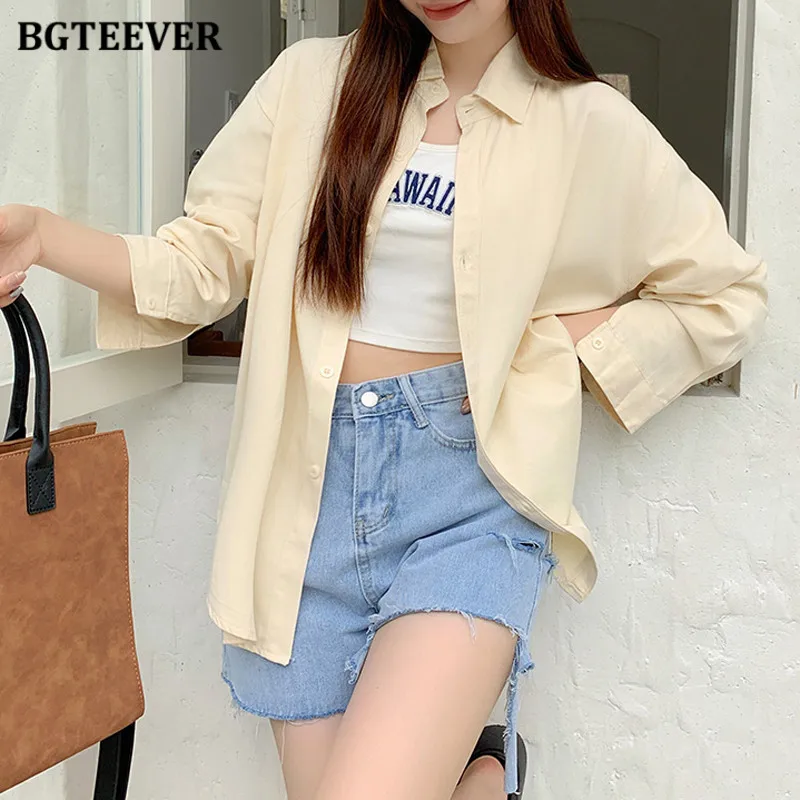 BGTEEVER Casual Turn-down Collar Loose Single-breasted Cotton Shirts Womem Spring Summer Long Sleeve Loose Ladies Blouses Tops