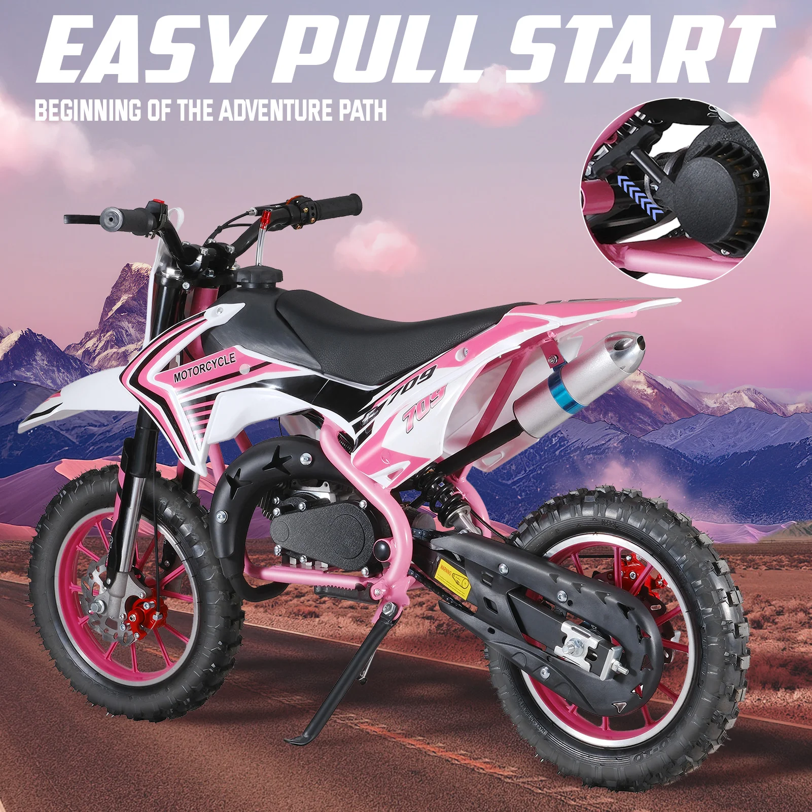 

49cc 2-stroke off-road vehicle, gas powered off-road motorcycle, off-road motorcycle, with front and rear disc brakes
