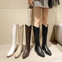 Winter New Pointy Mid-heel Knee-high Boots Back Zipper Solid Color Heightening Car Stitch and Velvet Fashion Elegant High Boots - Image 3