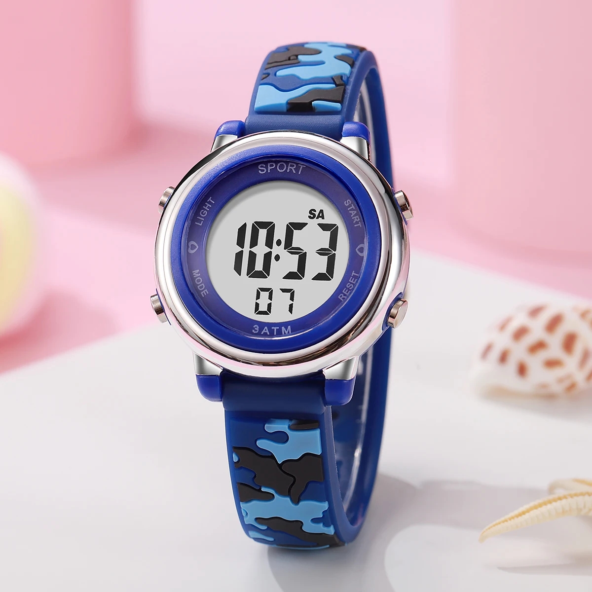Orologio elettronico per bambini con cinturino in silicone con motivo mimetico di tendenza alla moda, adatto per l'uso quotidiano, regali di Natale