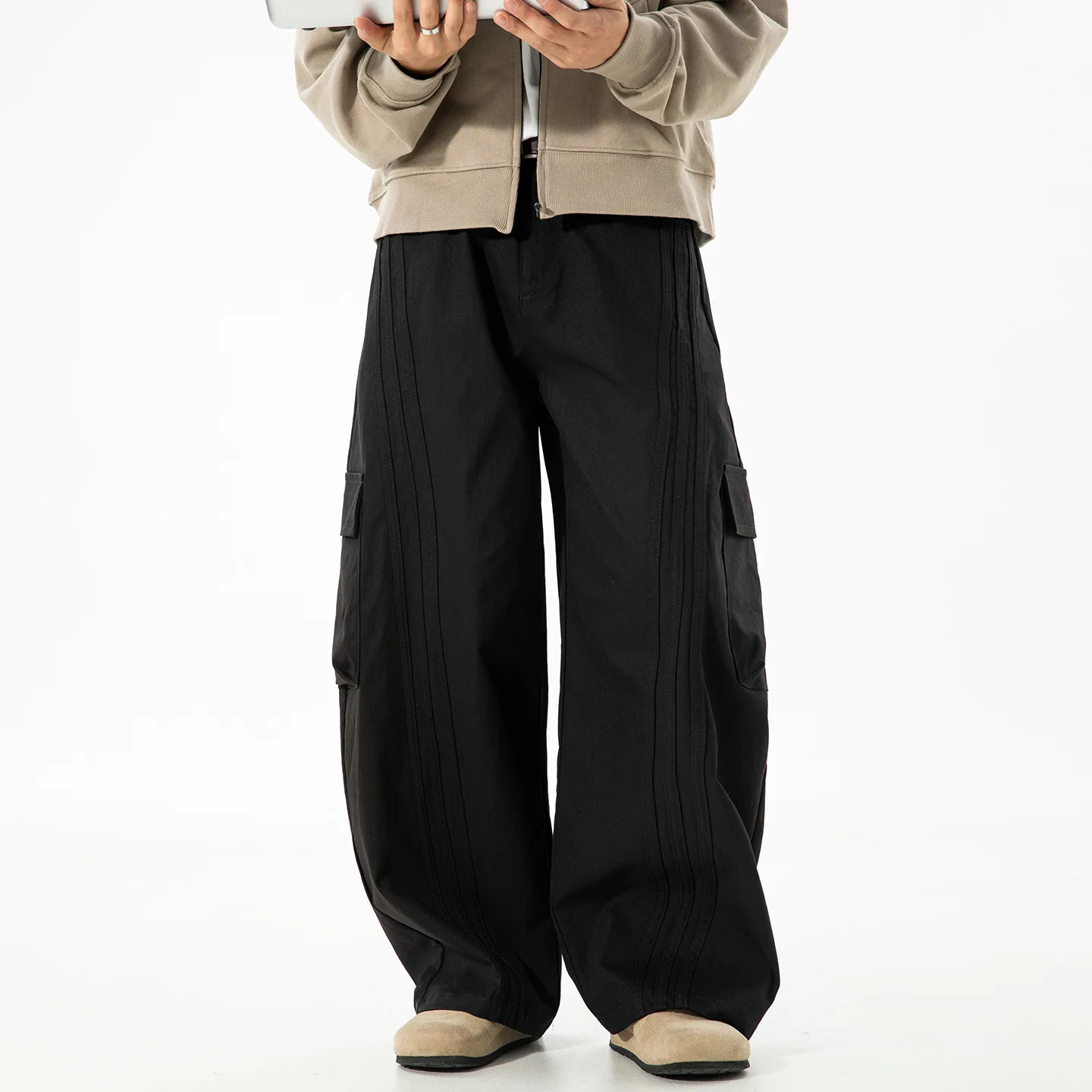 American Style Vintage 2025 New Fashion Men's Solid Color Multi Pocket Casual Trendy Wide Leg Cargo Trousers Male Bottom Clothes