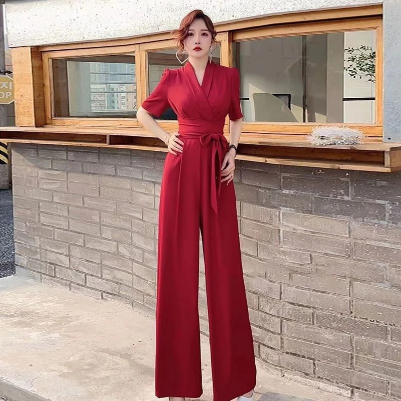 

Women Summer Jumpsuit New Arrival Elegant Solid Color High Waist Slim Fit Tie Waist Wide Leg Flowy Casual Romper for Ladies