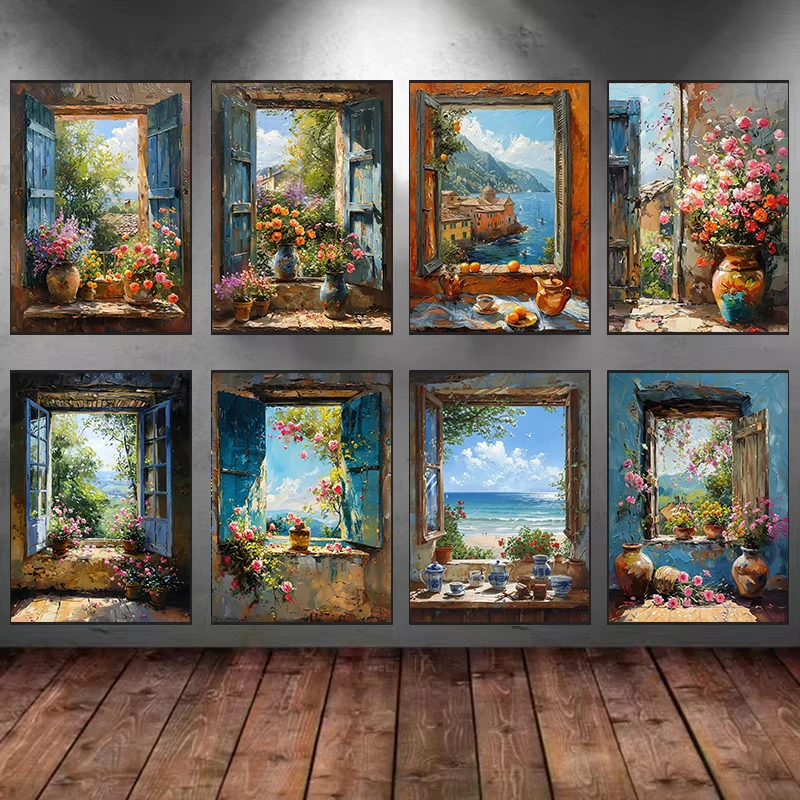 2026 Abstract Colorful Graffiti Town Window Landscape Canvas Painting Modern Art Sea View Aesthetic Posters Prints Living Roo