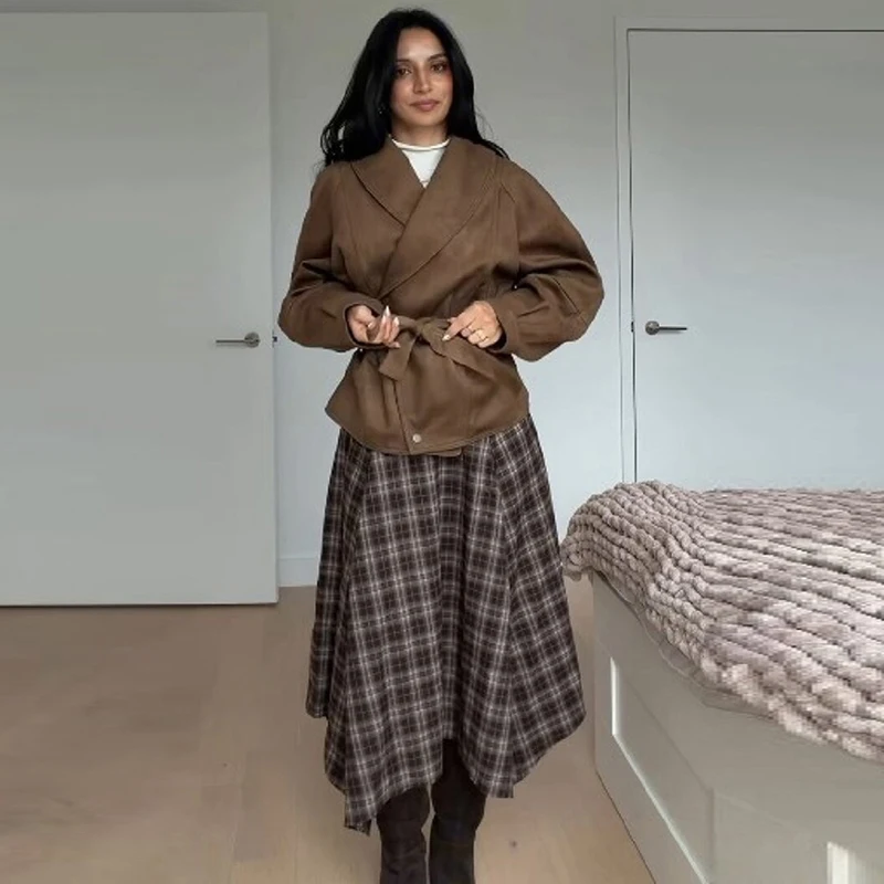 Women Plaid Asymmetrical Midi Skirt High Waist A Line Belted Irregular Hem Checkered Long Skirt Autumn Streetwear