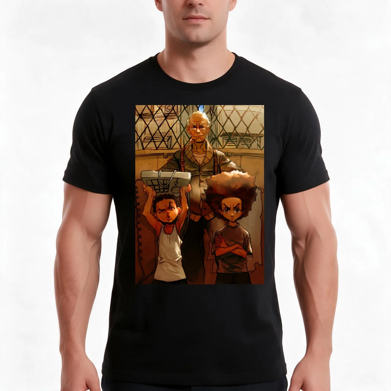 The Boondocks Huey T-Shirt, Summer Casual Cotton Tee, Oversized Streetwear Tops, Vintage Graphic Print, Loose Fit Short Sleeve