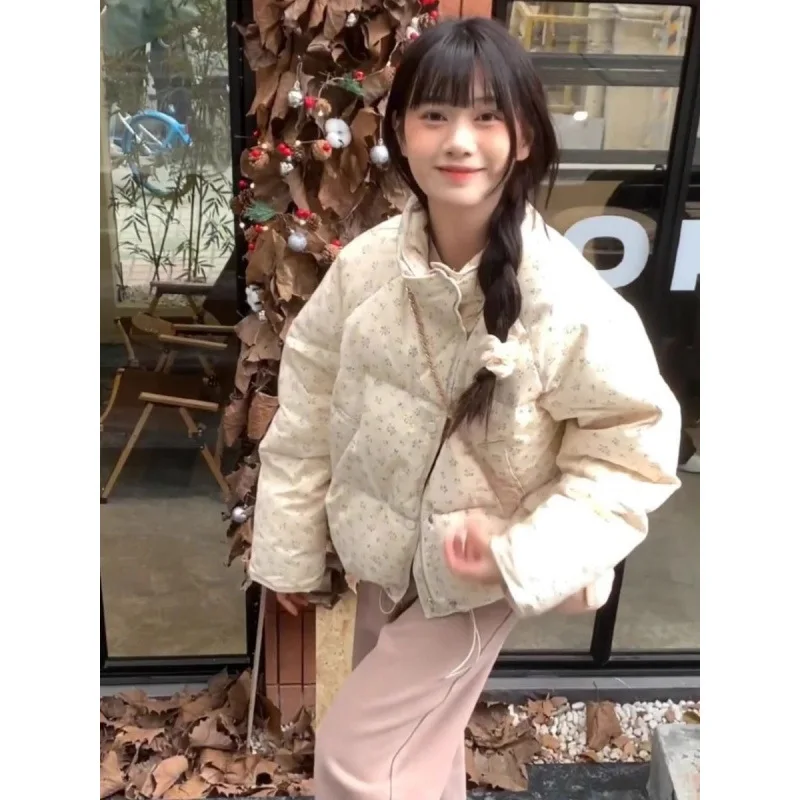Menina engrossar para baixo pão robe algodão-acolchoado jaqueta feminina doce fragmentos florais jaqueta puffer feminina versão coreana inverno