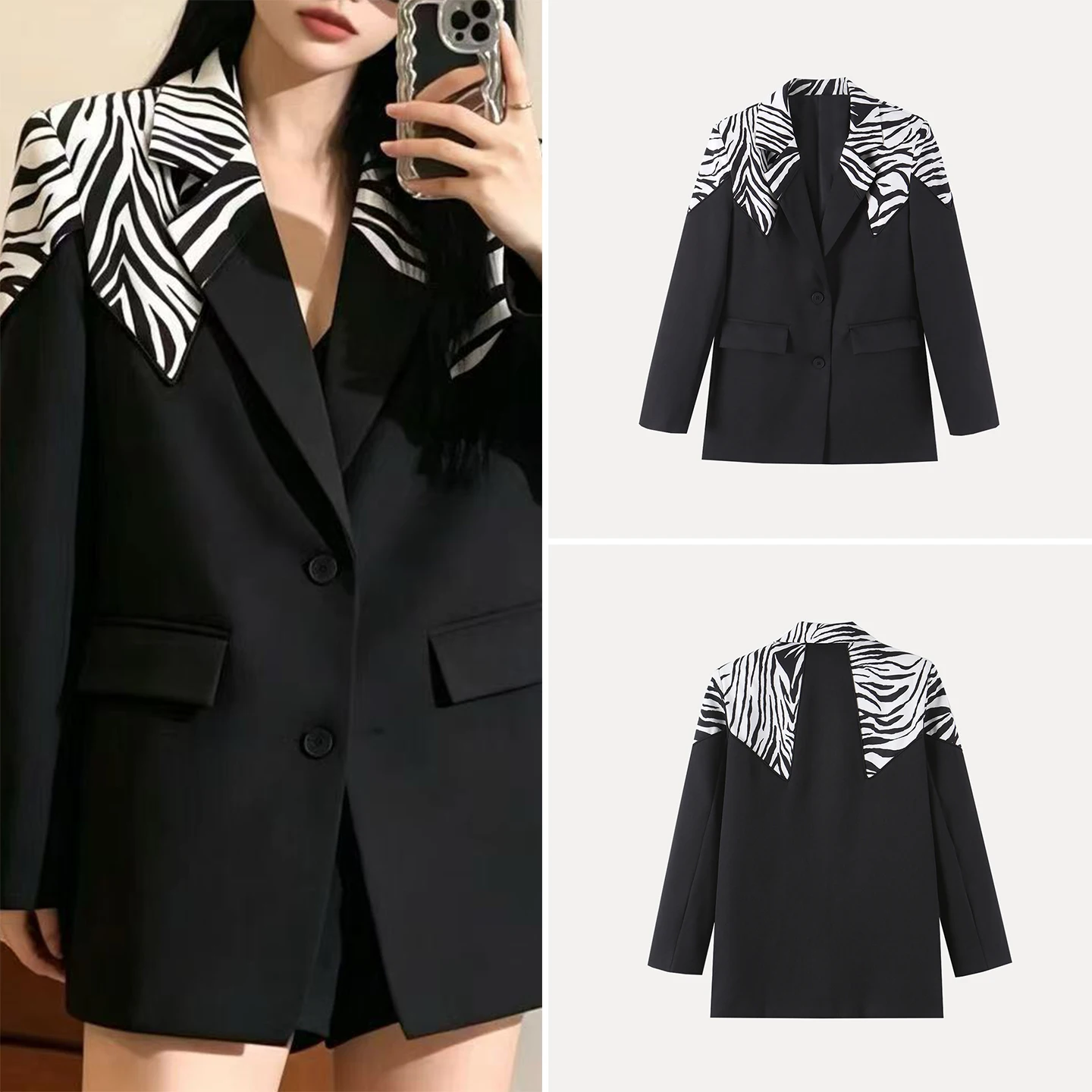 Fashionable Zebra Print Patchwork Long Sleeve Turn-down Collar Suit Jacket Women's Autumn Wear Standard Fit Other Material 100%