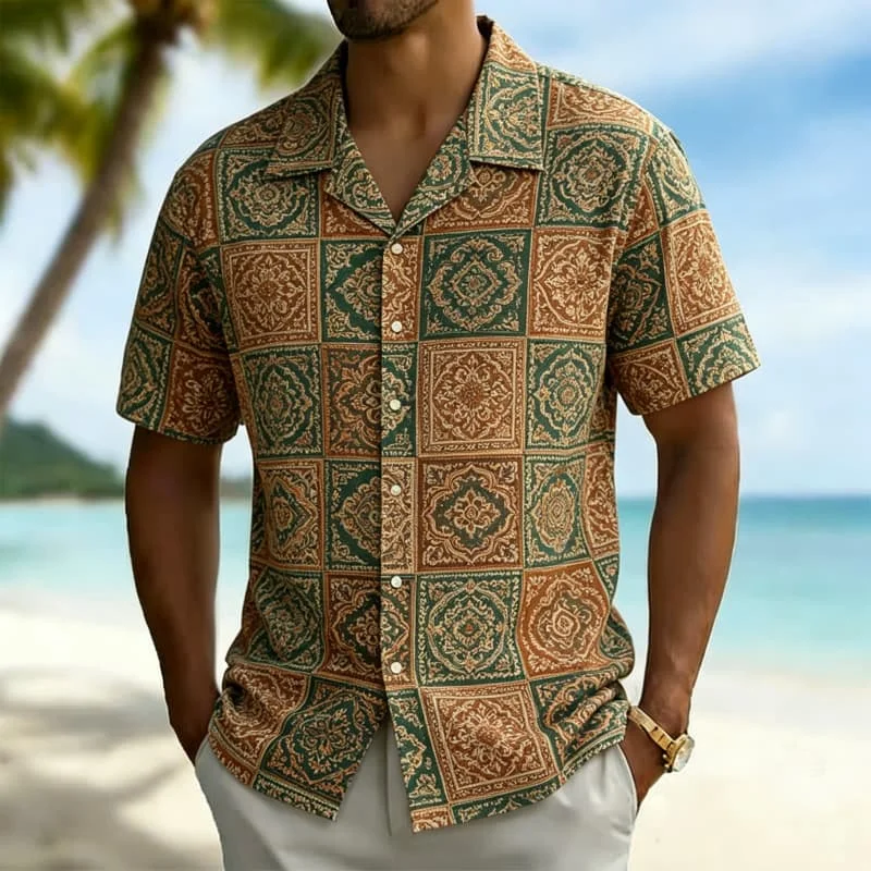 Men's Patchwork Handkerchief Printed Hawaiian shirt, Suitable For Beach vacations, Holiday outings, And Daily Wear