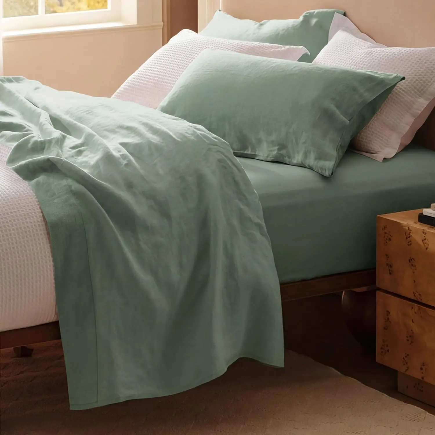 

Комплект постельного белья Queen из хлопка и льна, мягкий, дышащий, не скатывается, простыни с глубокими карманами до 16 дюймов, 4 предмета, цвет шалфейно-зеленый