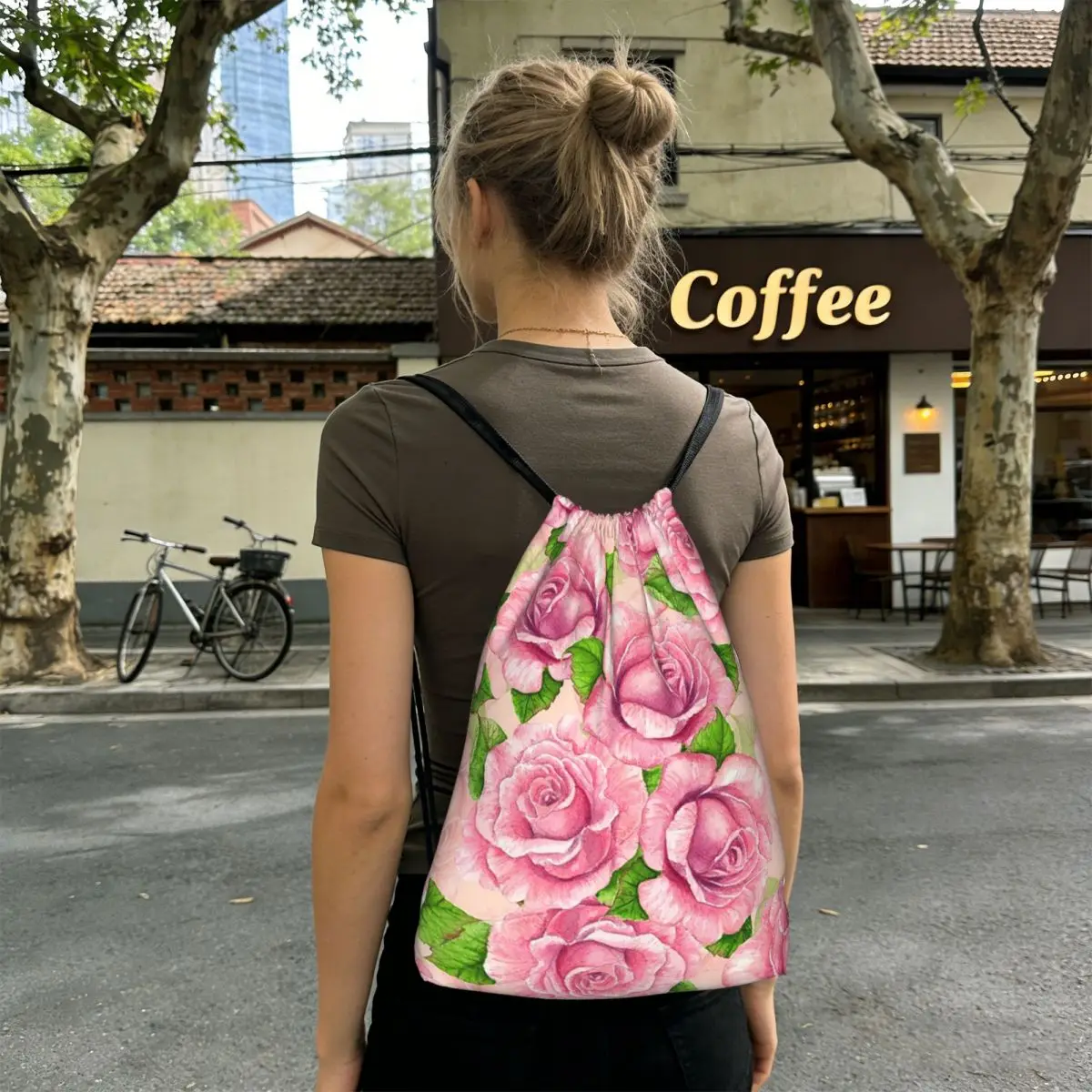 Pink Rose Botanical Garden Watercolor Backpacks Fashion Drawstring Bundle Pocket Sports Bag Book Bags for Travel Students