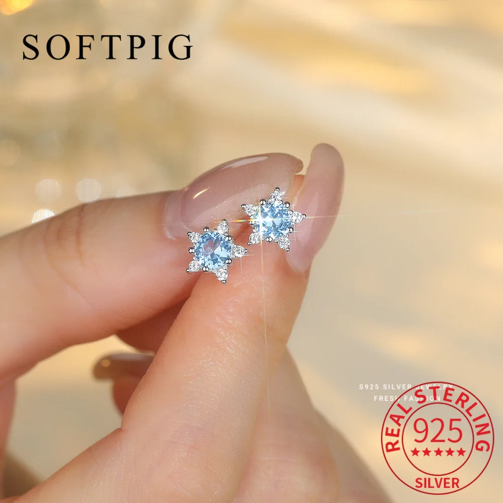 

SOFTPIG Real 925 Sterling Silver Round Spinel Star Mini Stud Earrings for Women Cute Fine Jewelry Light Luxury Accessories