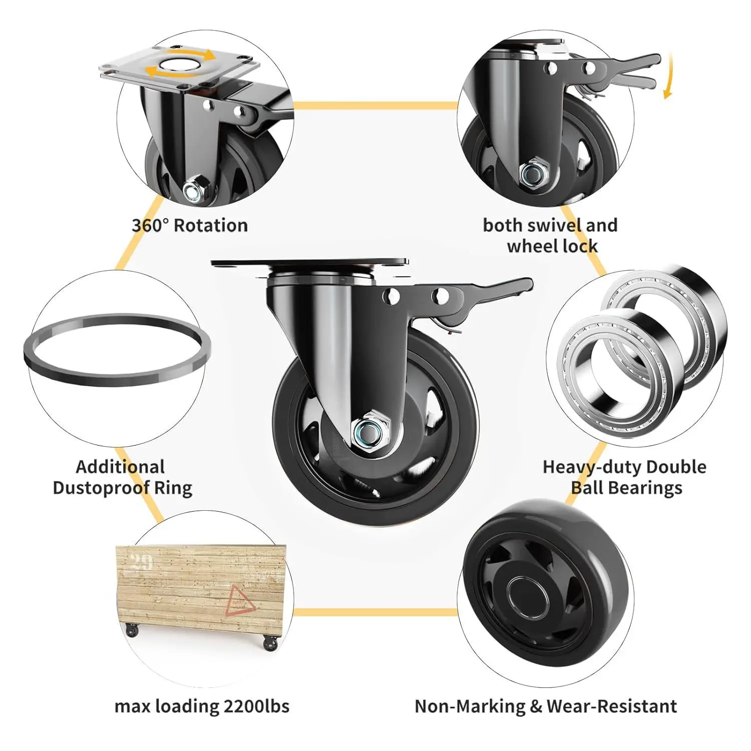 3 4 5 Inch Polyurethane Caster Wheels Set of 4 Heavy Duty Swivel Plate Casters with Brake Silent Roller Wheels for Furniture