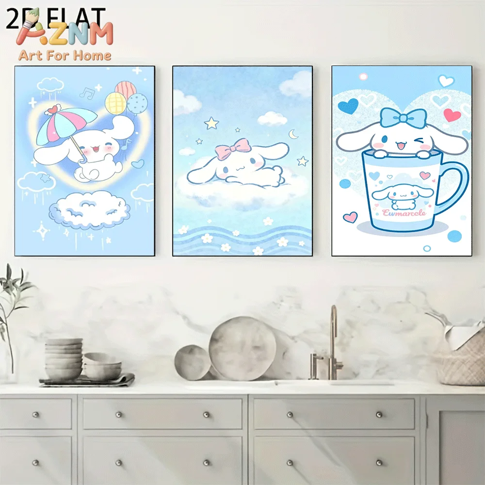 AZNM Cinnamoroll Canvas Wall Art Unframed Cute Cartoon Print Poster Heart Umbrella Cloud Star Mug Bow Design for Girls Bedroom L