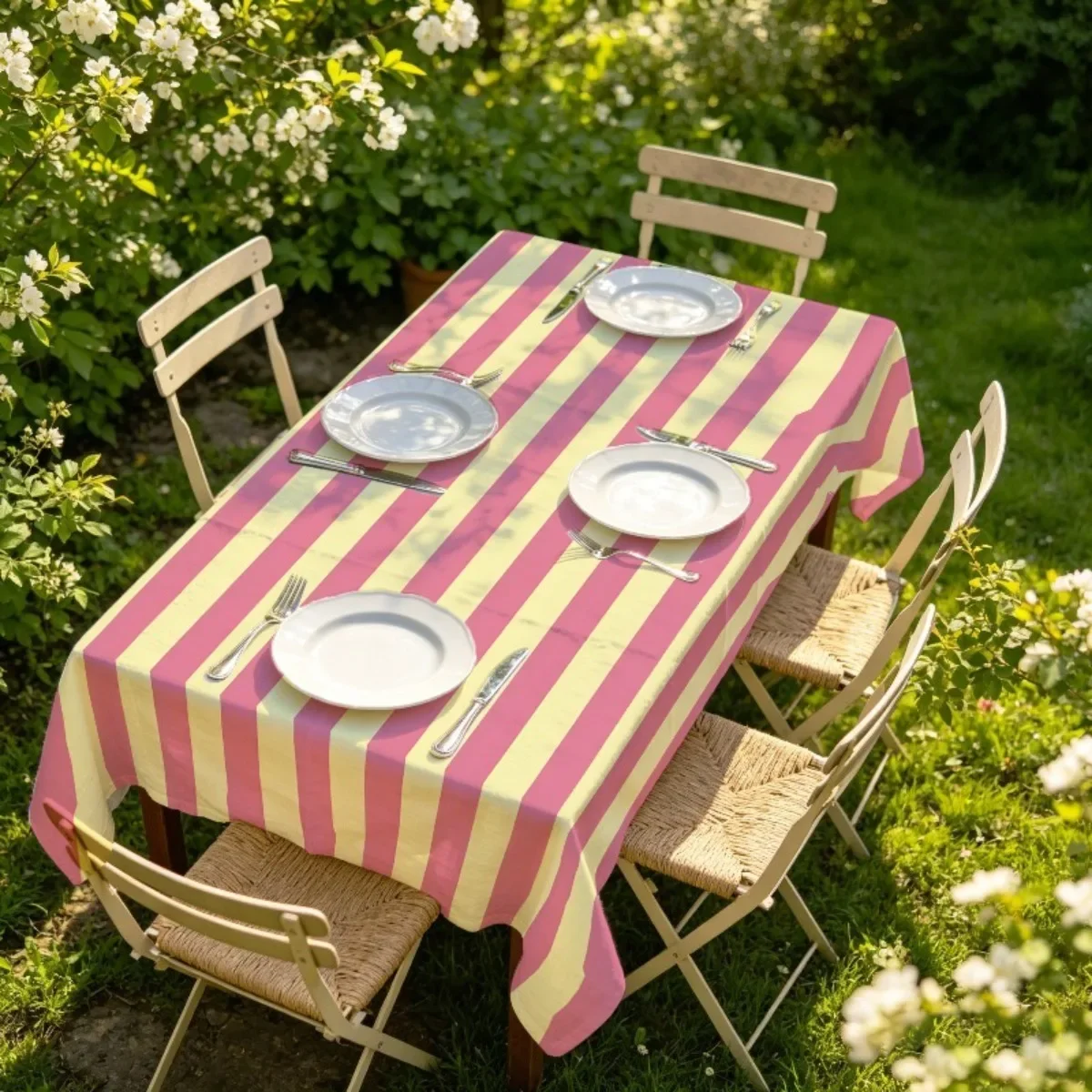 1pc Simple Striped Printed Tablecloth, made of polyester, featuring alternating pink and light yellow stripesxzj