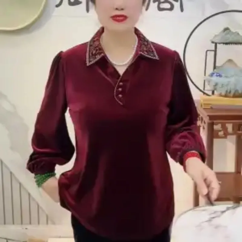 

Осень 2024, новый стиль, новый китайский женский модный повседневный свободный лацкан, золотой бархатный элегантный топ в стиле ретро