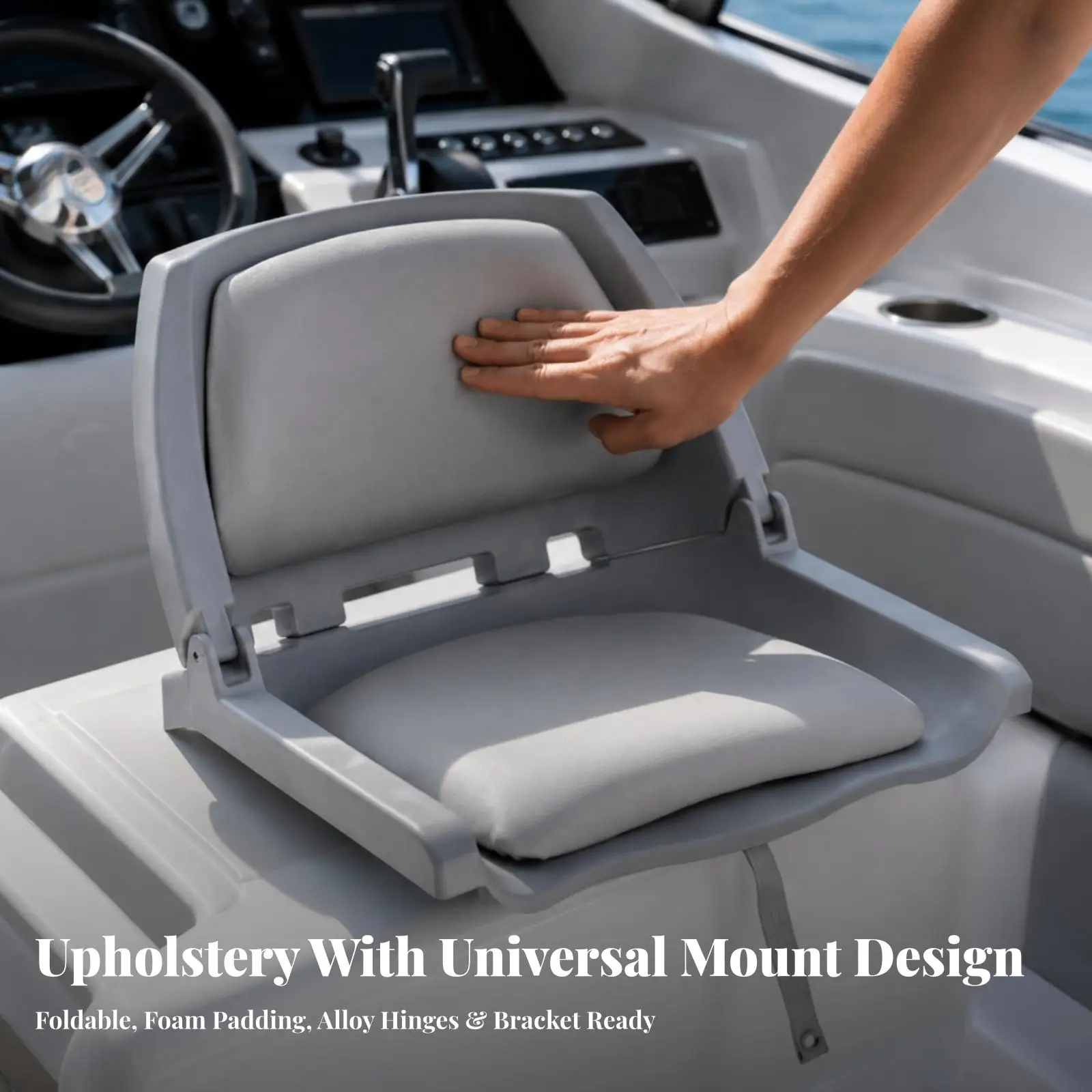 Folding Fishing Boat Seat Gray with Cushions for Saltwater Use Molded Frame Space Saving Lightweight Deck Chair