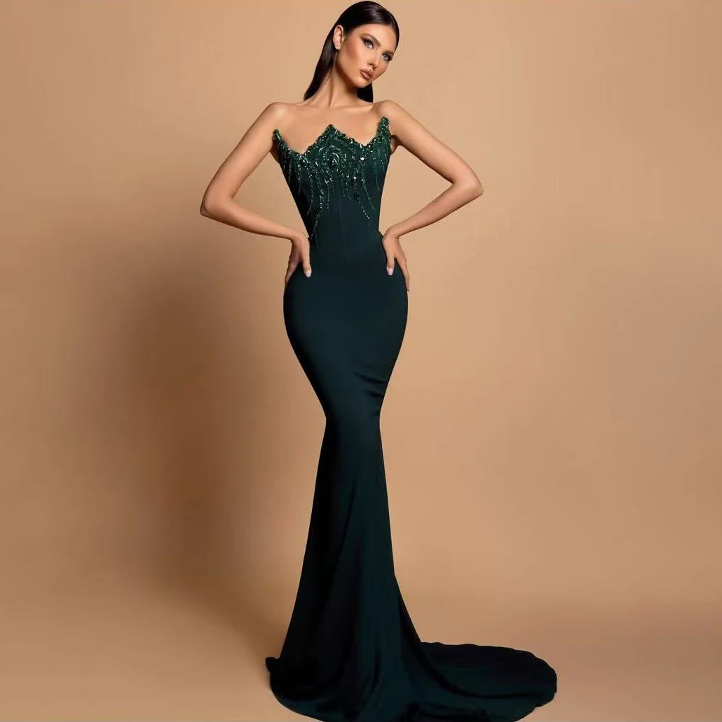 

Elegance Emerald Green Prom Dresses Beading Off Shoulder Custom Made Satin Trumpet Wedding Guest Dress Sequined Mermaid