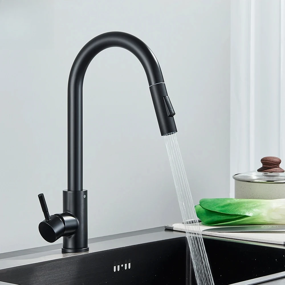 

Black Kitchen Faucet Two Function Single Handle Pull Out Mixer Hot And Cold Water Taps Deck Mounted