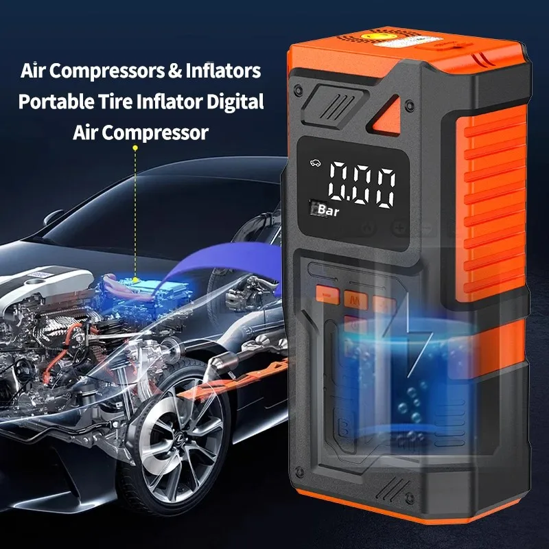 Car Jump Starter & Air Inflator - 10.2 Bar Fast Fill, -40°C Low-Temp Work 12V Lead-Acid Battery,LED Flashlight & Tire Monitoring