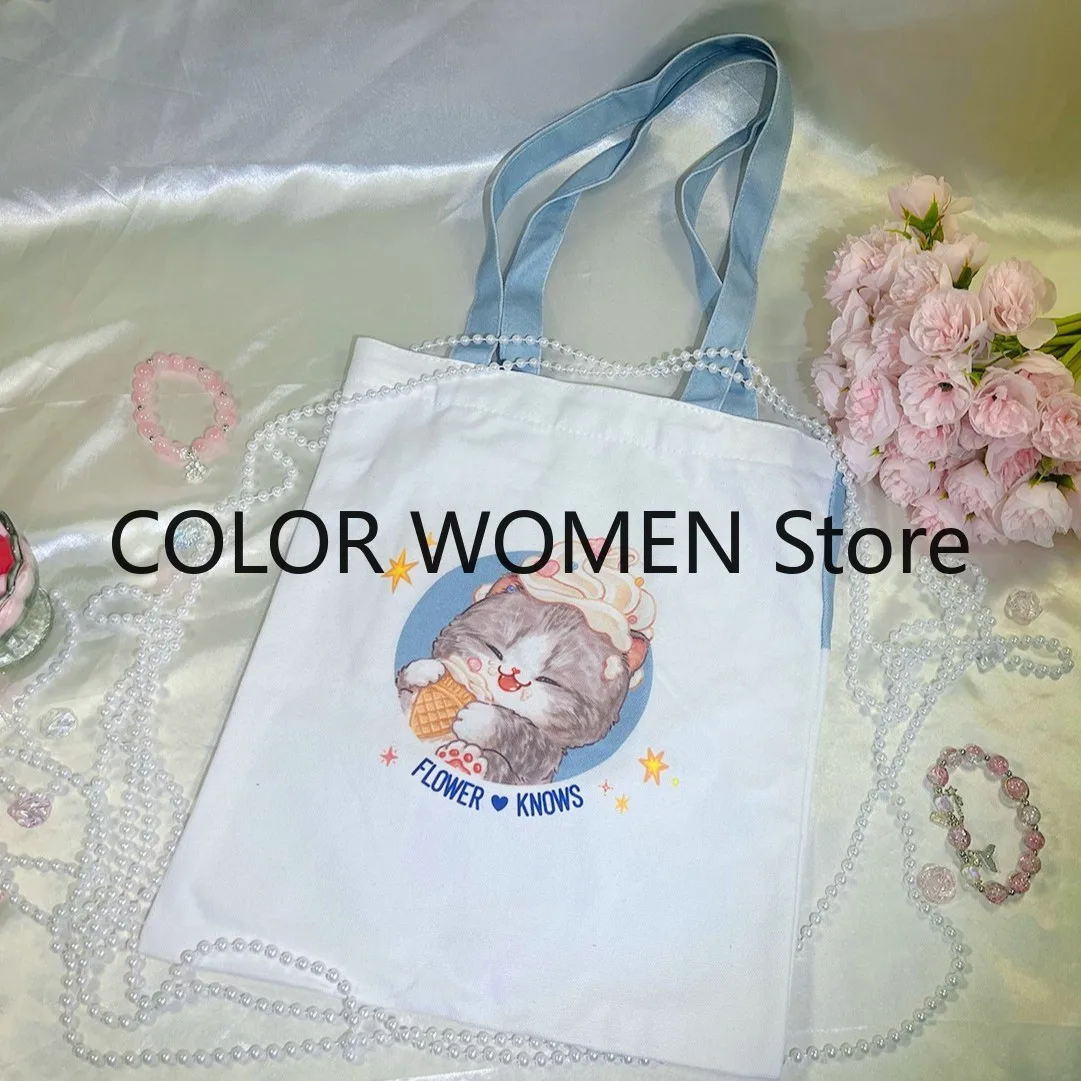 Flower Knows White Gray Cat Ice Cream Cat Limited Edition Canvas Bag