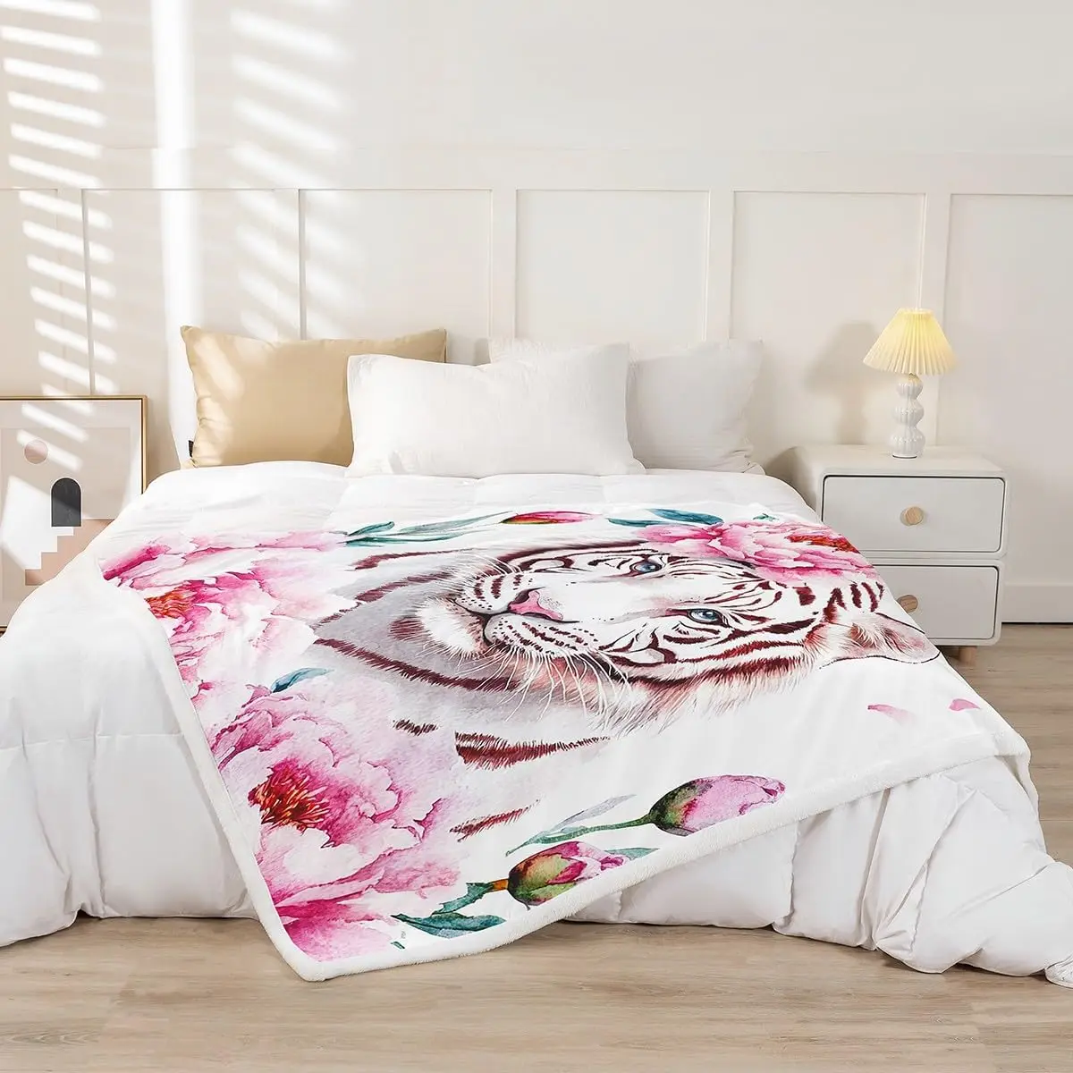 White tiger peony floral blanket animal art soft throw cozy home decor pink flowers wild cat print bedroom wall hanging